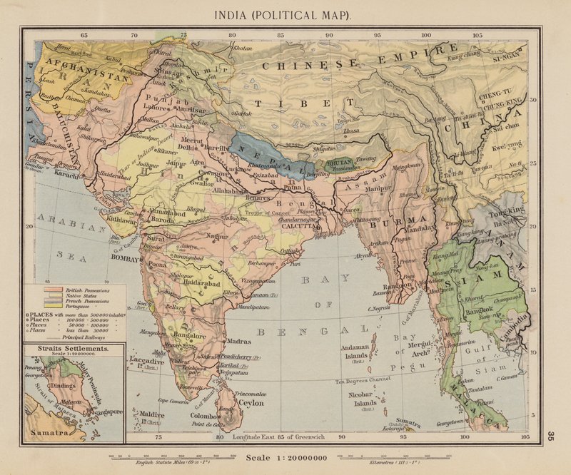 India, Mapa político (litografía en color) de English School