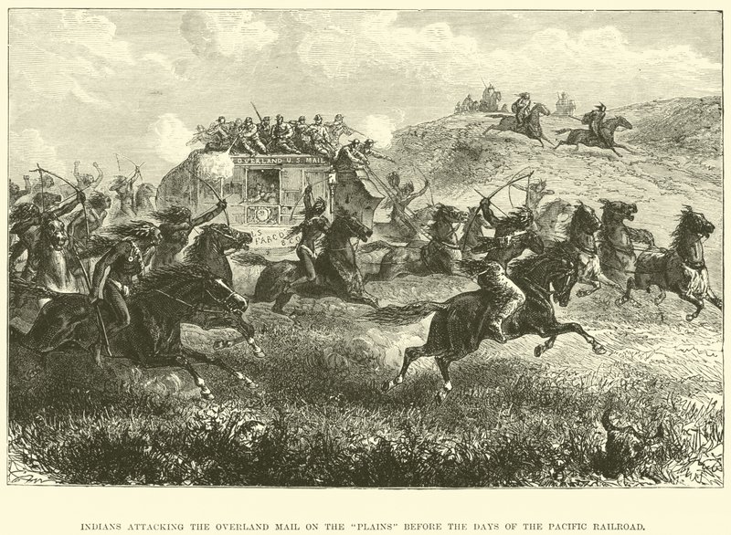 Indios atacando el correo terrestre en las llanuras antes de los días del ferrocarril del Pacífico de English School