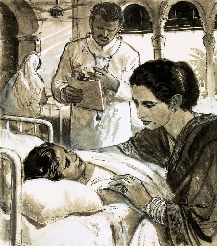 Indira Gandhi cuidando a un niño en el hospital de English School