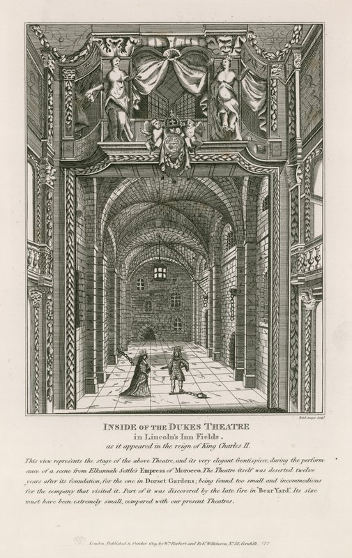 Interior del Teatro del Duque en Lincolns Inn Fields, como apareció en el reinado del rey Carlos II de English School