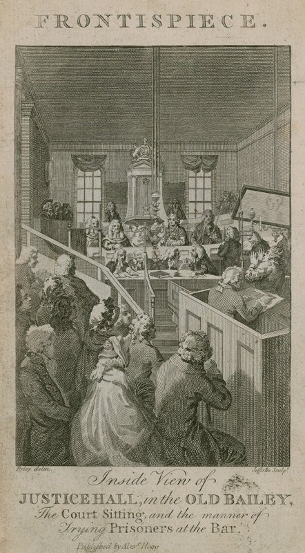 Vista interior de Justice Hall en el Old Bailey, la corte en sesión, y la manera de juzgar a los prisioneros en el Bar de English School