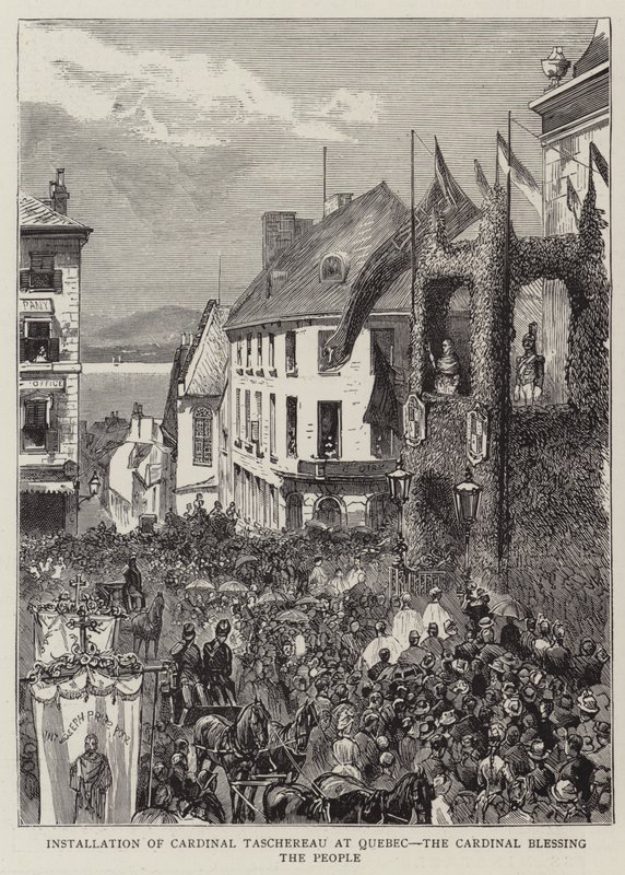 Instalación del Cardenal Taschereau en Quebec, el Cardenal bendiciendo al pueblo (grabado) de English School
