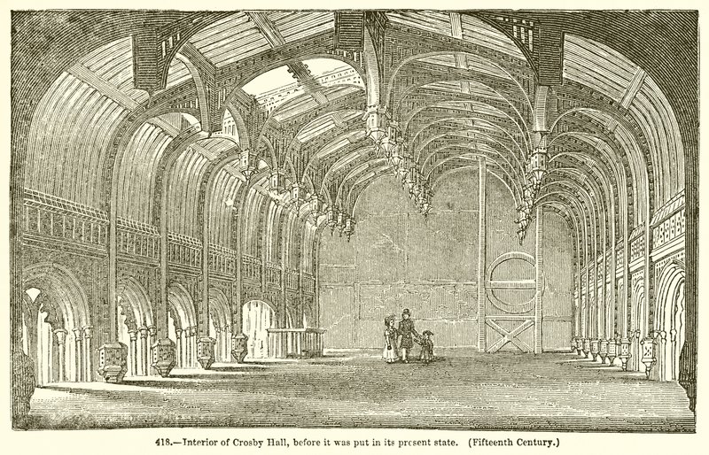 Interior de Crosby Hall, antes de ser puesto en su estado actual (siglo XV) de English School