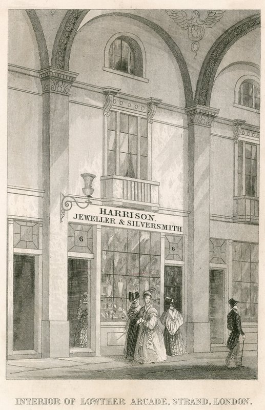 Interior de Lowther Arcade, Strand, Londres, con Harrison, joyero y platero de English School