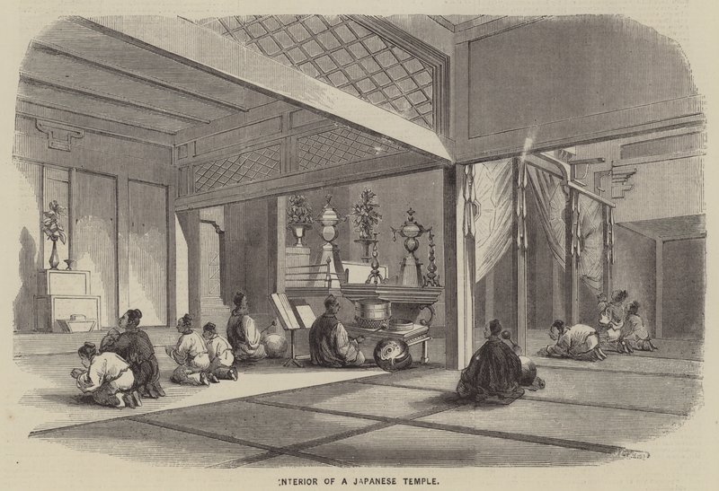 Interior de un templo japonés (grabado) de English School