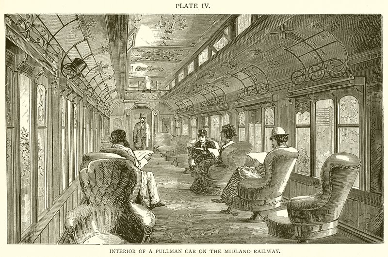 Interior de un coche Pullman en el Ferrocarril Midland de English School
