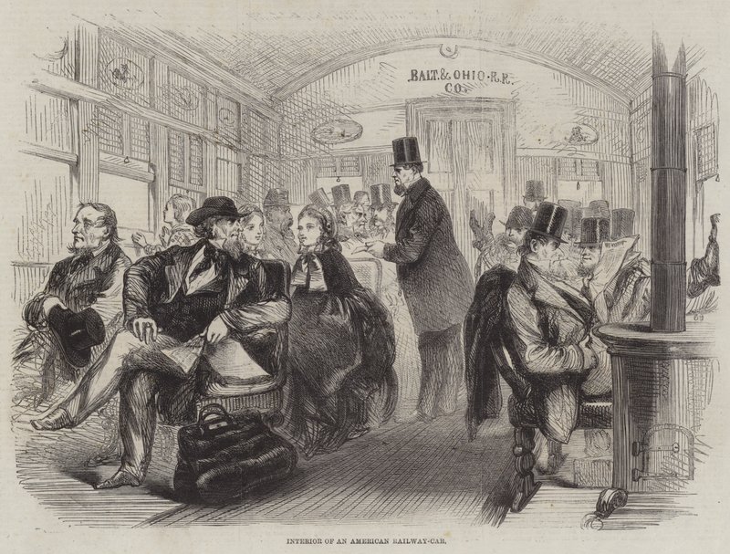 Interior de un vagón de ferrocarril americano (grabado) de English School