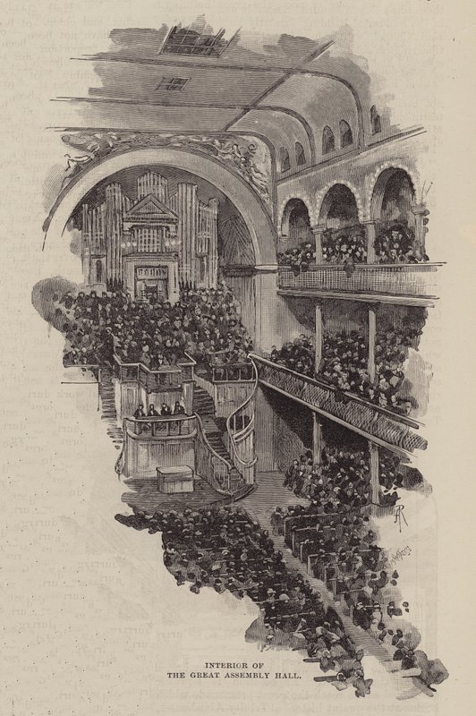 Interior del Gran Salón de Actos (grabado) de English School