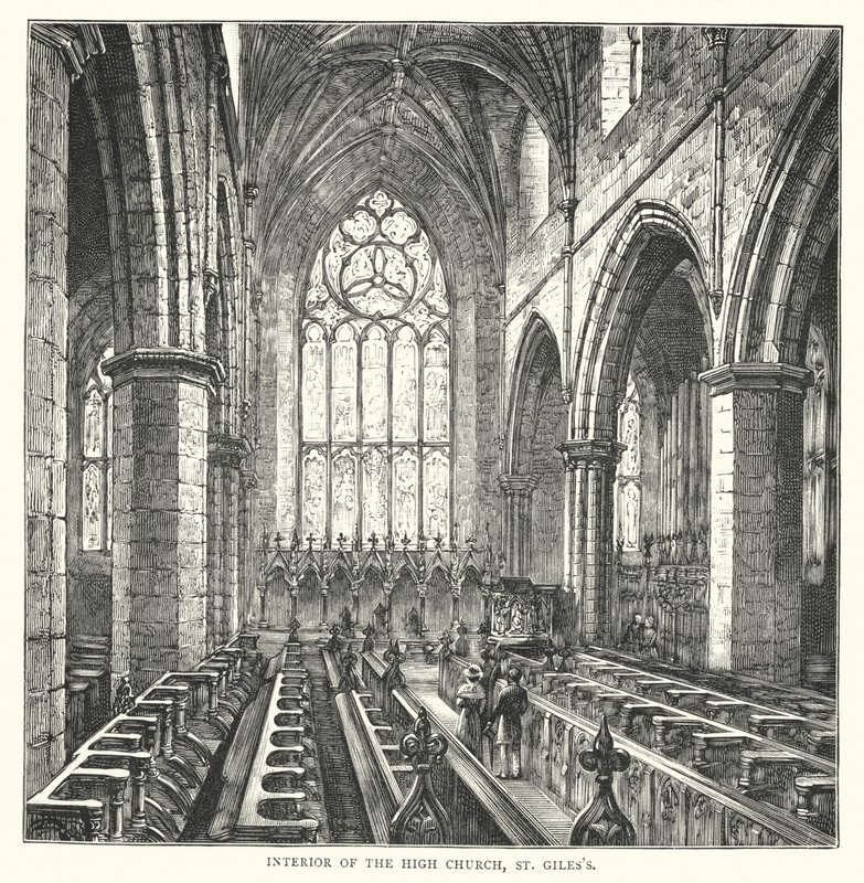Interior de la Iglesia Alta, St Giles (grabado) de English School