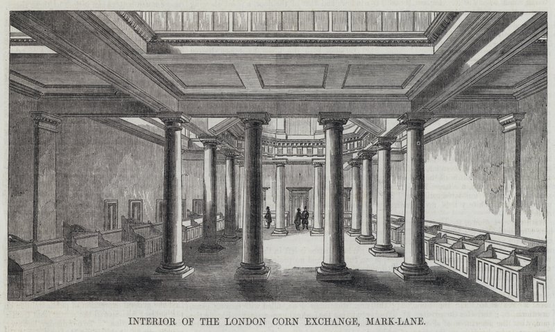 Interior de la Bolsa de Cereales de Londres, Mark-Lane (grabado) de English School