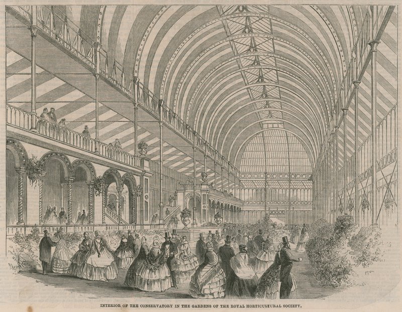 Interior del invernadero en los jardines de la Sociedad Hortícola Real de English School
