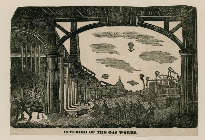 Interior de las obras de gas, Brick Lane, Spitalfields, Londres, circa 1820 de English School