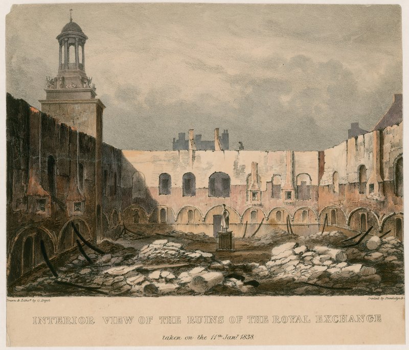 Vista interior de las ruinas de la Bolsa Real, Londres, tomada el 11 de enero de 1838 de English School