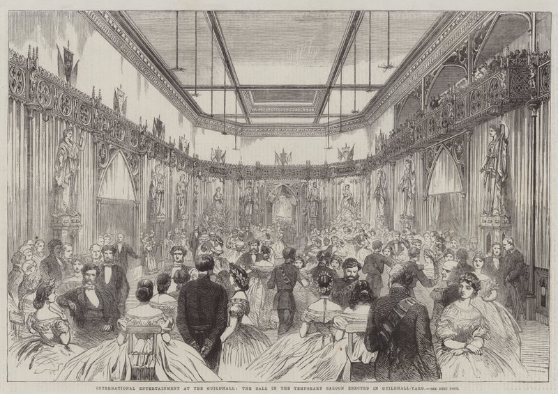 Entretenimiento internacional en el Guildhall, el baile en el salón temporal erigido en Guildhall-Yard de English School