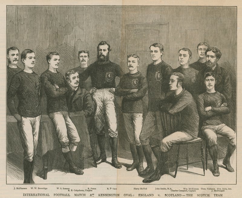 Partido internacional de fútbol en Kennington Oval; Inglaterra contra Escocia, el equipo escocés de English School