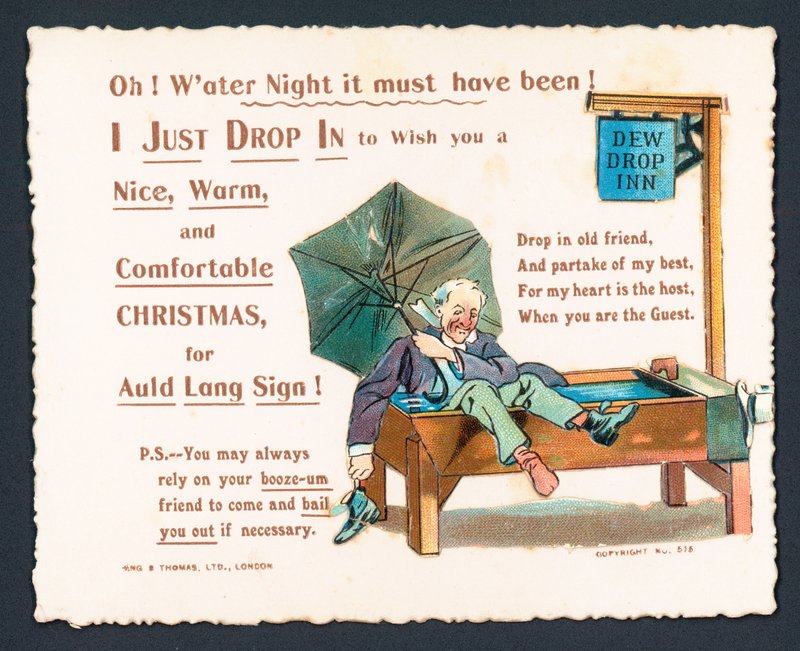 Hombre ebrio en un abrevadero para caballos, tarjeta de Navidad de English School