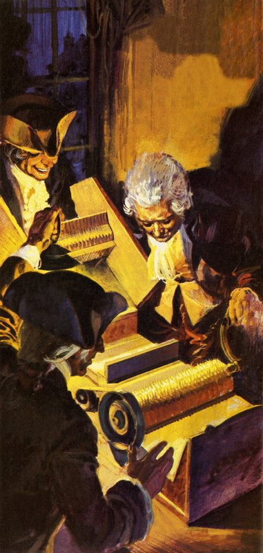 Intrusos examinando la desmotadora de algodón de Eli Whitney de English School
