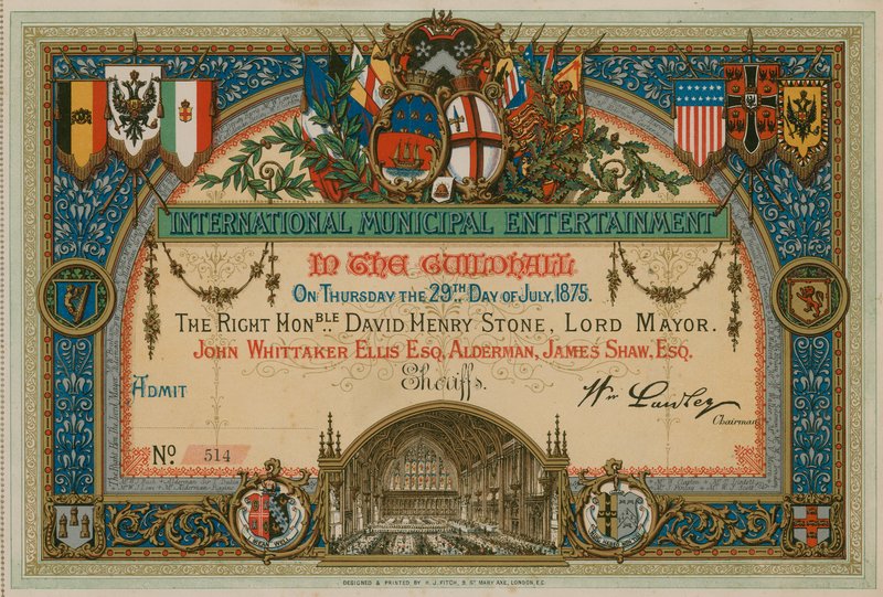 Invitación a Entretenimiento Municipal Internacional en el Guildhall, Londres, el 29 de julio de 1875 de English School