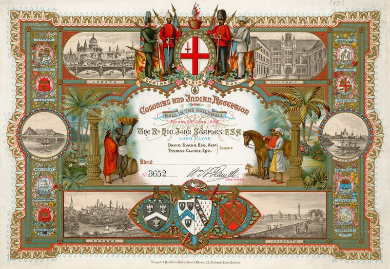 Invitación a una Recepción Colonial e India en el Guildhall, Londres, el 25 de junio de 1886 de English School