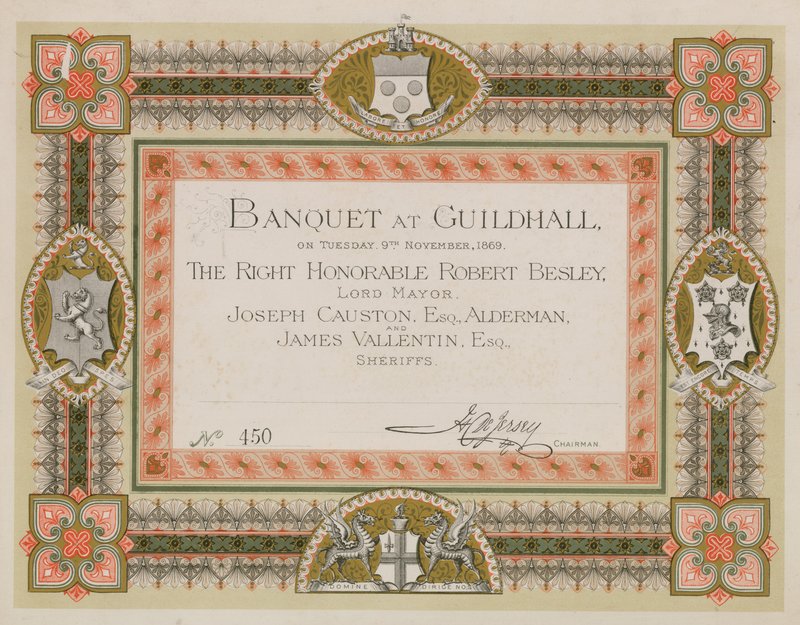 Invitación a un banquete en el Guildhall, Londres, el 9 de noviembre de 1869 de English School