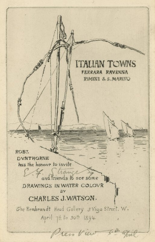 Invitación a una exposición de dibujos en acuarela de Charles J Watson de English School