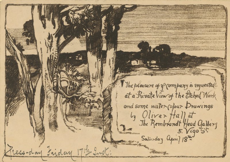 Invitación a una exposición de dibujos en acuarela de Oliver Hall de English School