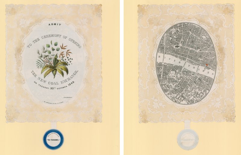 Invitación a la ceremonia de apertura del Nuevo Intercambio de Carbón, 30 de octubre de 1849, anverso y reverso de English School