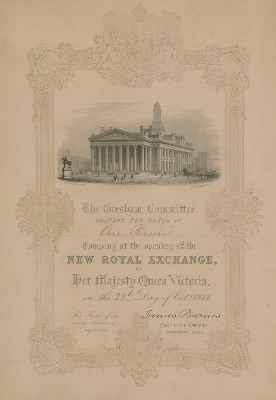 Invitación a la inauguración del nuevo Royal Exchange, Londres, por Su Majestad la Reina Victoria el 28 de octubre de 1844 de English School