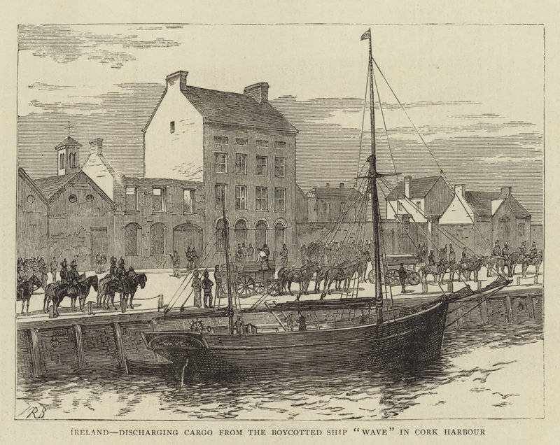 Irlanda, descargando carga del barco boicoteado "Wave" en el puerto de Cork (grabado) de English School