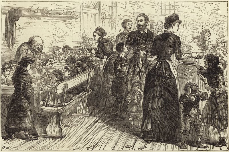 Cena de estofado irlandés para los pobres en el Salón de la Misión de Conder Street de English School