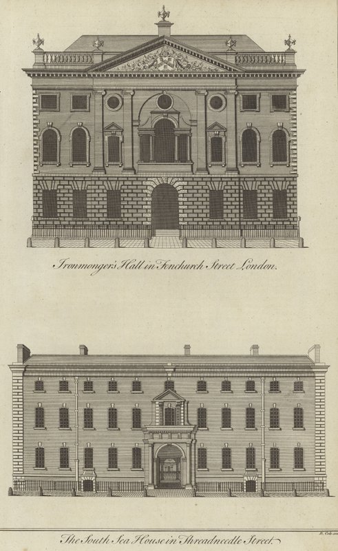 Salón de los Ferreteros, Fenchurch Street y la Casa del Mar del Sur, Threadneedle Street, Londres de English School
