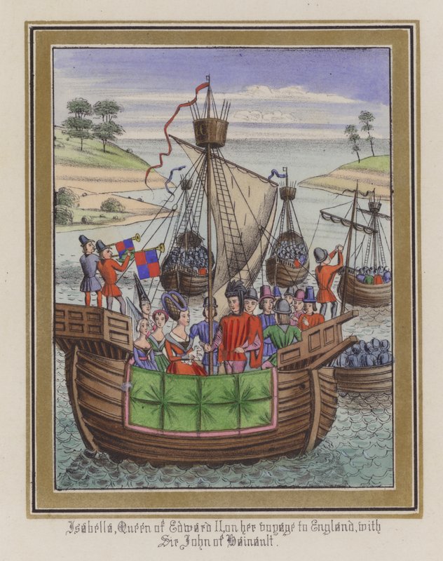 Isabel, Reina de Eduardo II, en su viaje a Inglaterra, con Sir John De Hainault (grabado en color) de English School