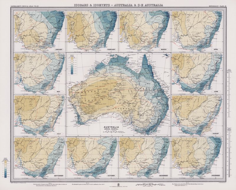 Isobars and Isohyets, Australia and South East Australia (litografía en color) de English School