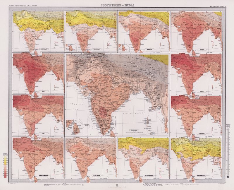 Isotermas, India (litografía en color) de English School