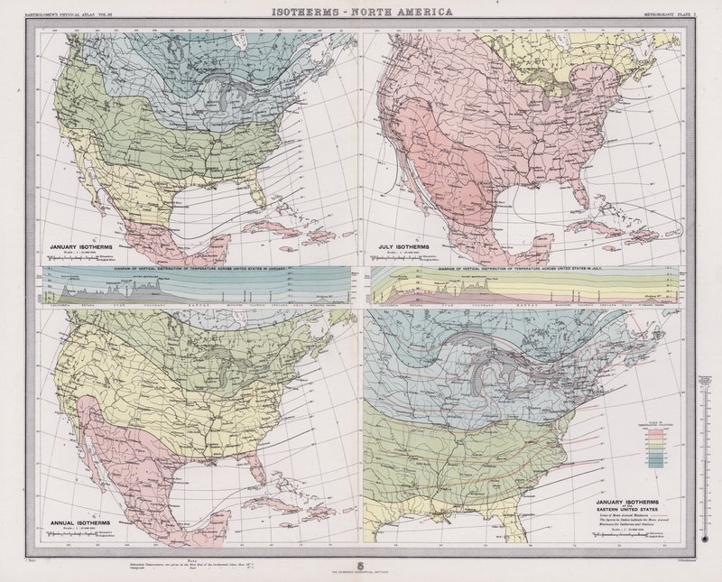 Isotermas, América del Norte (litografía en color) de English School