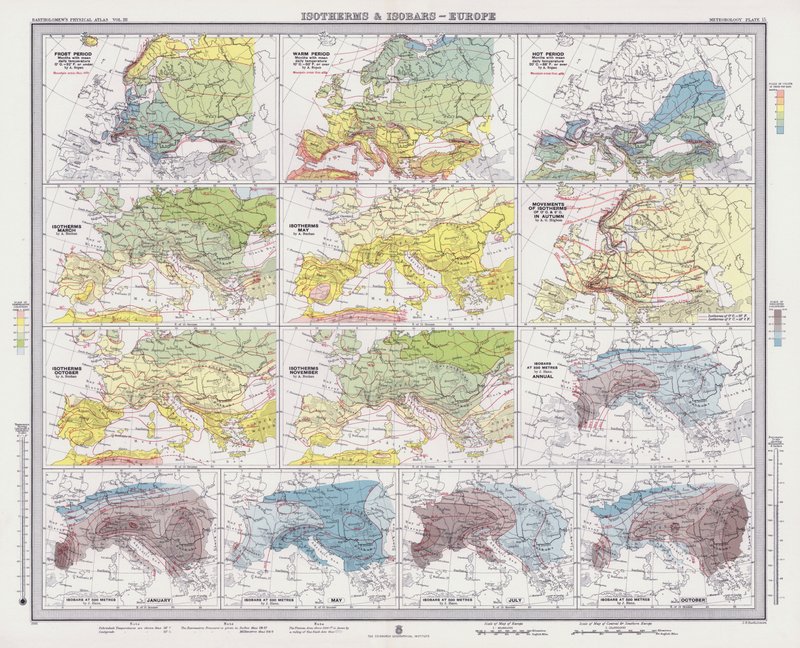 Isotermas e isobaras, Europa (litografía en color) de English School