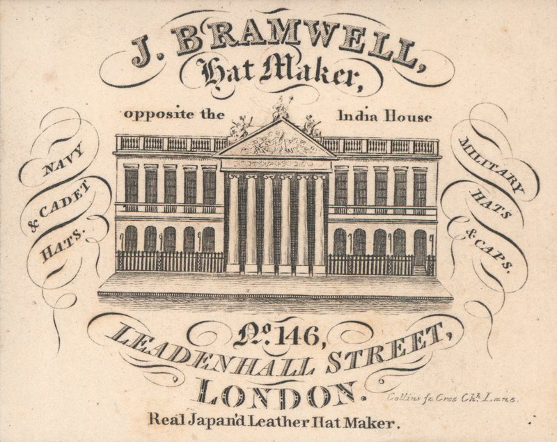J Branwell, fabricante de sombreros, 146 Leadenhall Street, tarjeta comercial de English School