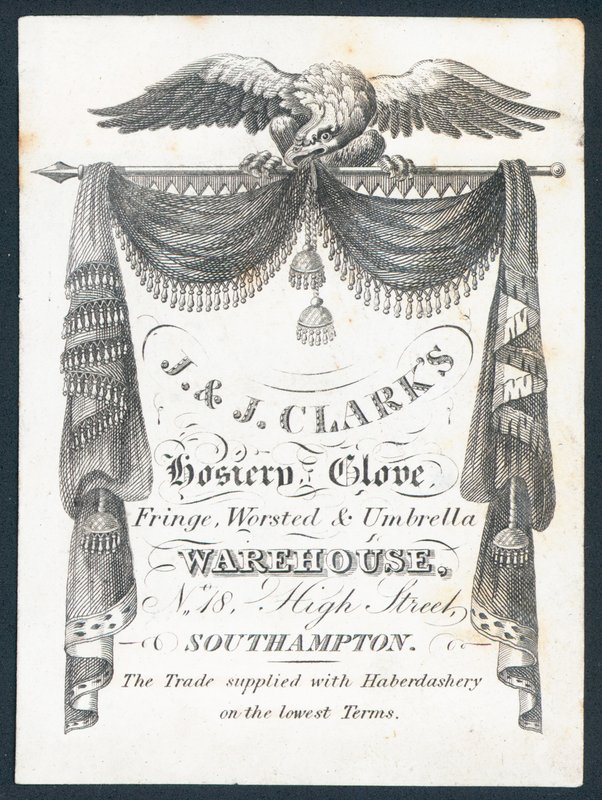 J & J Clarks, almacén de medias, guantes, flecos, estambre y paraguas, tarjeta comercial de English School