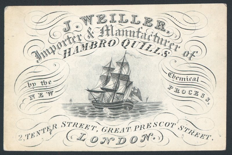 J Weiller, importador y fabricante de plumas de Hamburgo, 2 Tenter Street, tarjeta comercial de English School