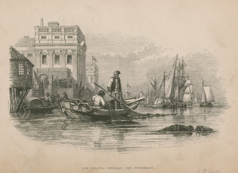 Jack ayudando a Freeman el Pescador; ilustración de Poor Jack por Frederick Marryat de English School