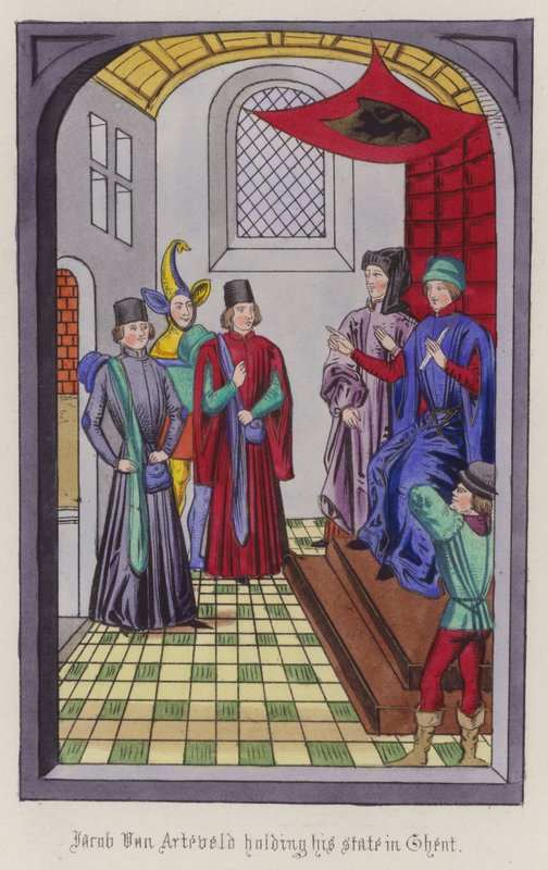 Jacob Von Artaveld manteniendo su estado en Gante (grabado coloreado) de English School