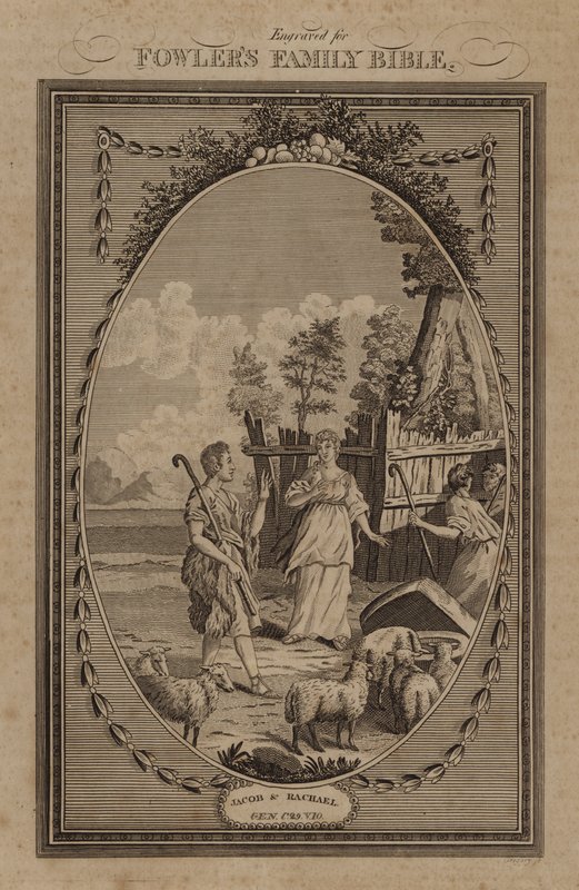Jacob y Rachael, Génesis, capítulo 29, versículo 10 (grabado) de English School
