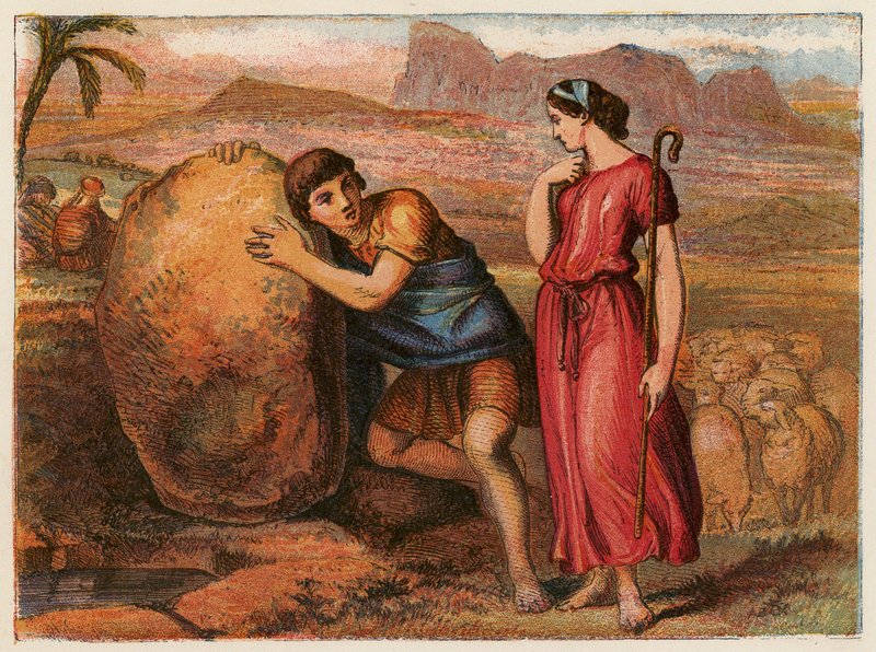 Jacob y Raquel (litografía en color) de English School