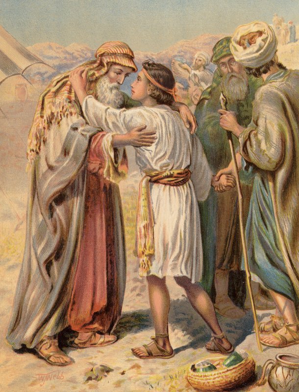 Jacob partiendo de Benjamín, Génesis, XLIII (litografia en color) de English School