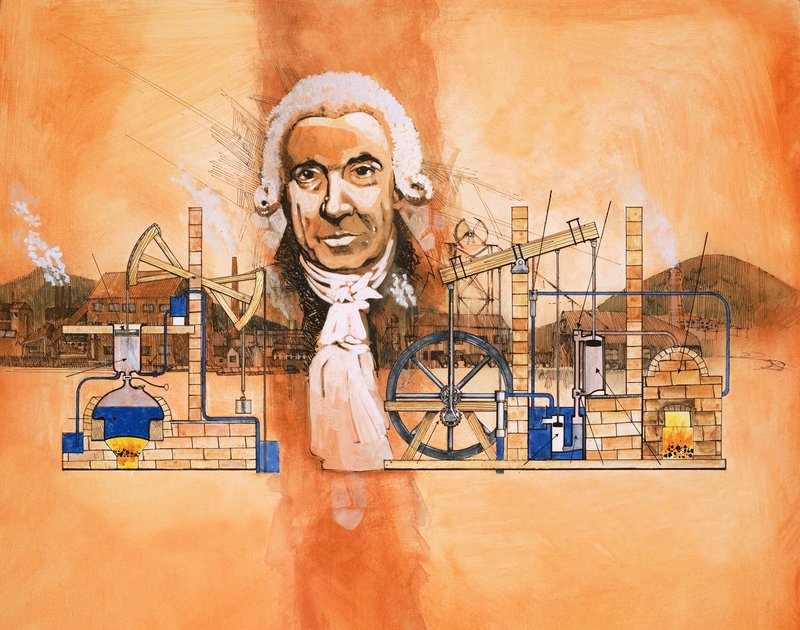 James Watt con hornos y bombas mecánicas en el fondo de English School
