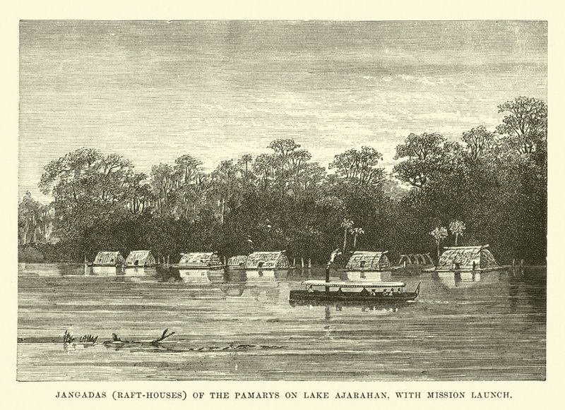 Jangadas (Casas-Rafta) de los Pamarys en el lago Ajarahan, con lancha de misión de English School