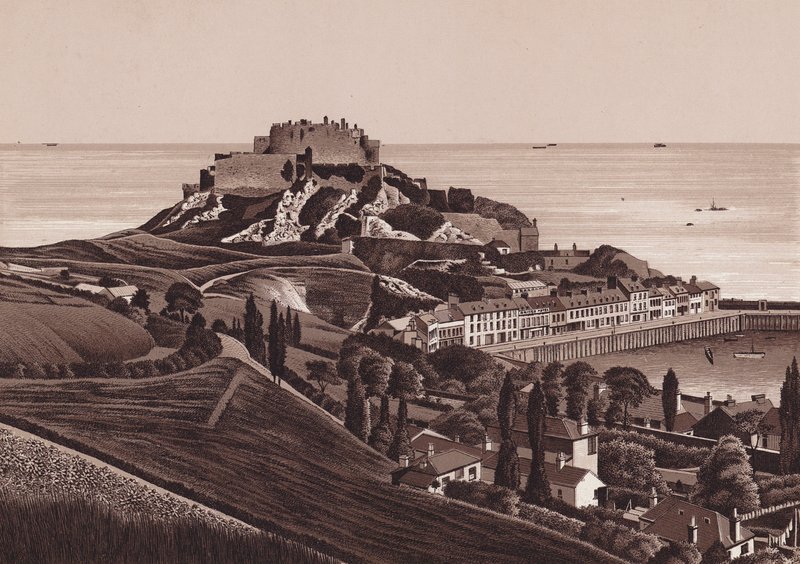 Jersey, Islas Chanel: Castillo de Mount Orgueil y puerto de Gorey (litografía) de English School