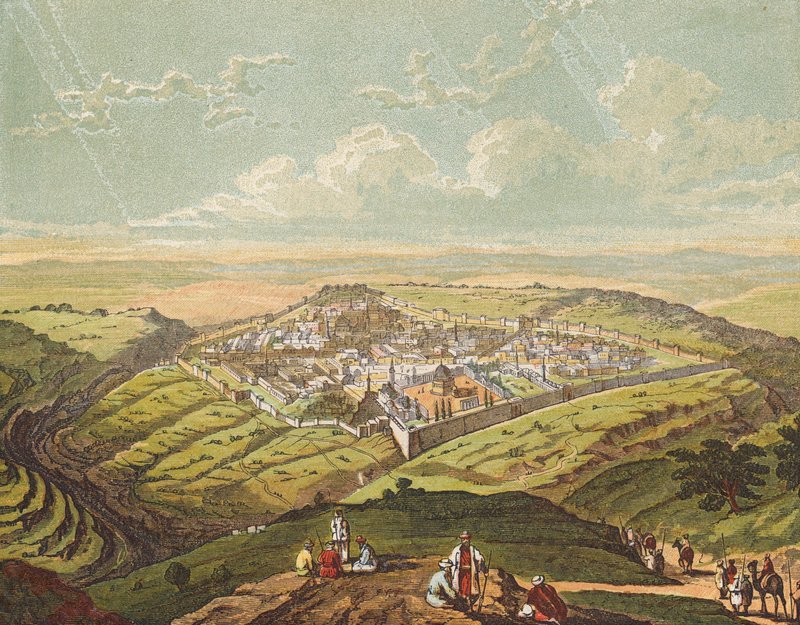 Jerusalén se construye como una ciudad compacta (litografía en color) de English School