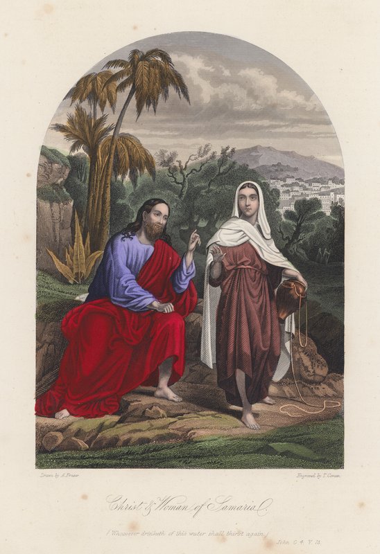 Jesucristo y la mujer de Samaria (grabado coloreado) de English School