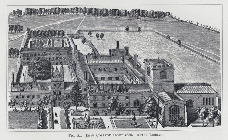 Jesus College alrededor de 1688, después de Loggan de English School